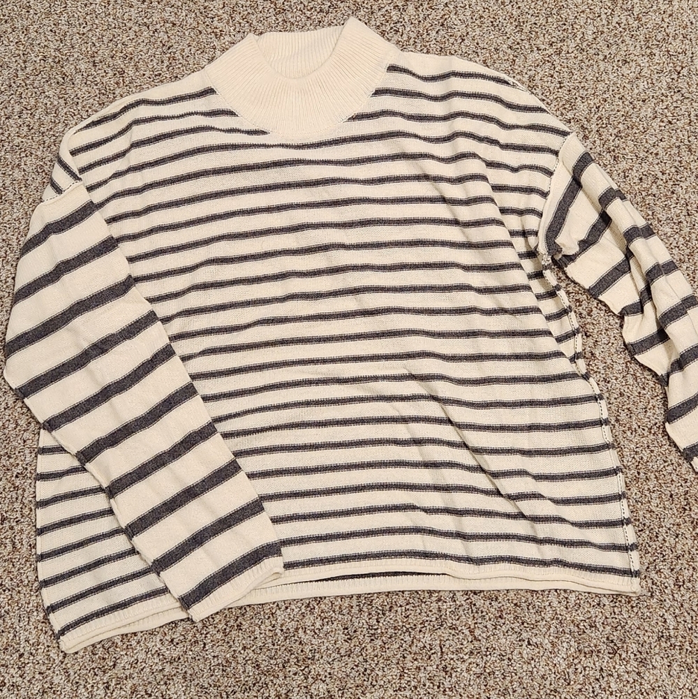 Madewell Ivory and Grey Striped Mockneck Sweater